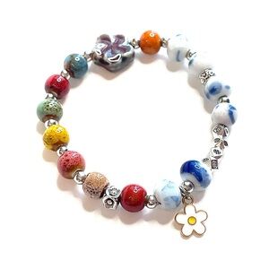 Flower Bracelet Purple White Silver Blue Swirl Ceramic Beads Elastic Stretchy